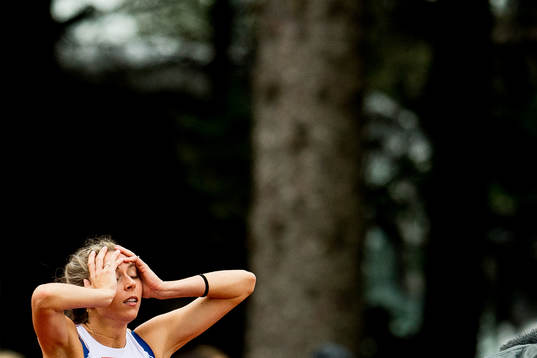 Tonje Angelsen of Norway reacts competing in women's high