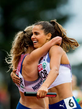 Amalie Hammild Iuel of Norway celebrates with teammate Line