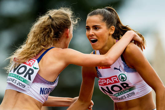 Amalie Hammild Iuel of Norway celebrates with teammate Line