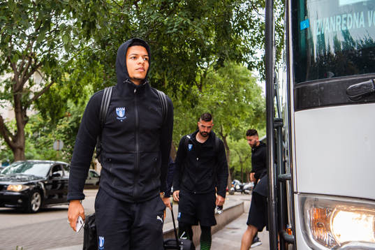 Romain Gall of Malmö FF arrives at the team hotel head of