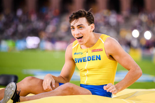 Armand Duplantis of Sweden celebrates when competing in the