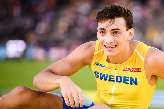 Armand Duplantis of Sweden celebrates when competing in the