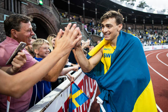 Armand Duplantis of Sweden celebrates