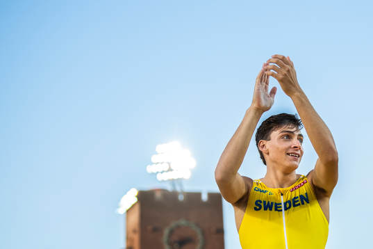 Armand Duplantis of Sweden celebrates