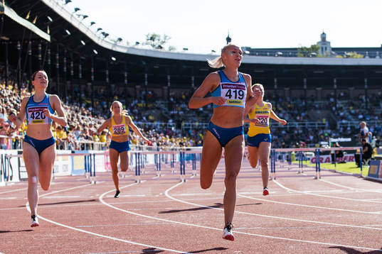 Annimari Korte of Finland wins the women's 110m hurdles