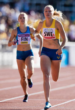 Moa Hjelmer of Sweden in the women's 4x400m relay