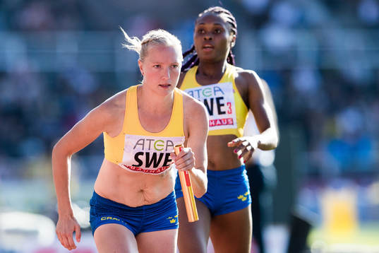 Moa Hjelmer of Sweden in the women's 4x400m relay