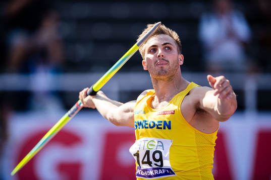 Kim Amb of Sweden in the men's javelin throw