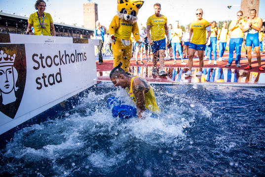 Michel Tornéus of Sweden gets thrown in the water grave