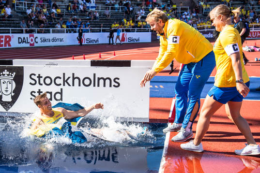 Kim Amb of Sweden celebrates his victory in men's javelin