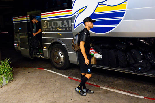 Arnór Traustason of Malmö FF arrives at the team hotel