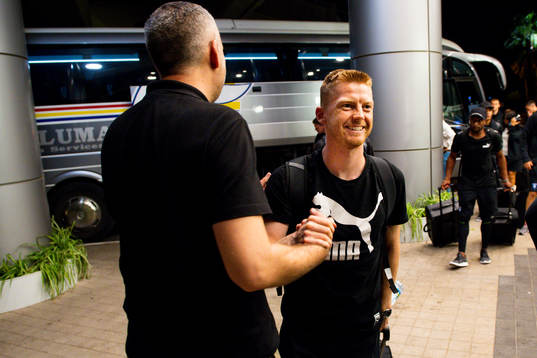 Anders Christiansen of Malmö FF arrives at the team hotel