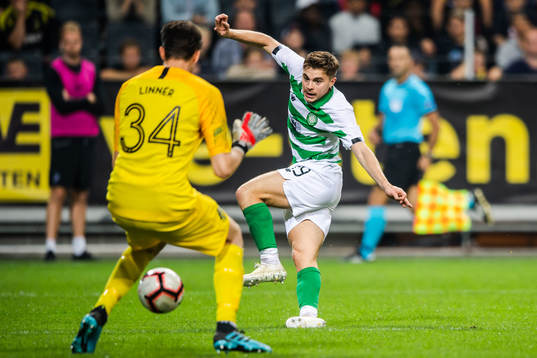 James Forrest of Celtic and goalkeeper Oscar Linnér of AIK