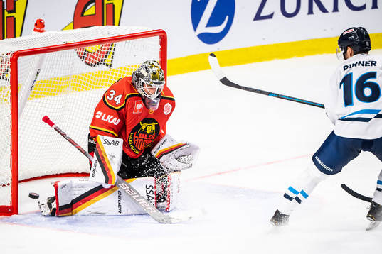 Goalkeeper Joel Lassinantti of Luleå and Michal Birner of