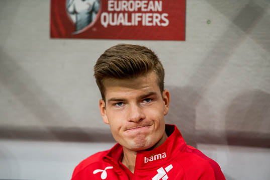 Alexander Sørloth of Norway at the bench