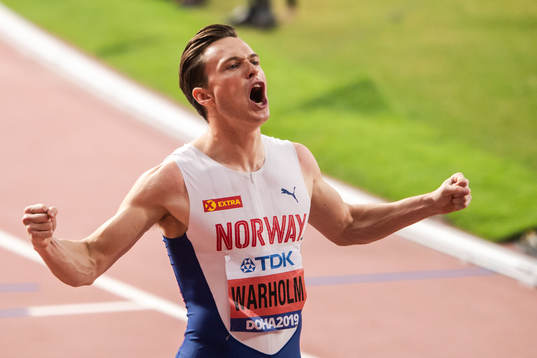 Karsten Warholm of Norway celebrates when competing in