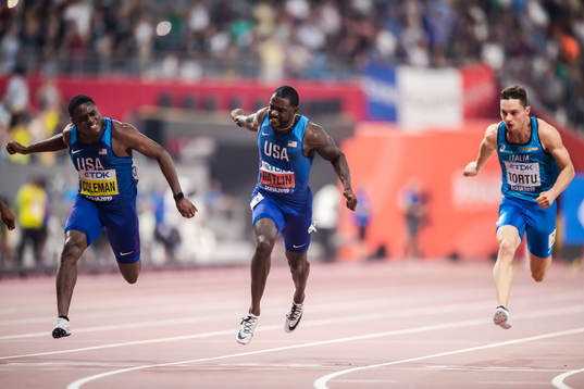 Christian Coleman, Justin Gatlin of USA and Filippo Tortu