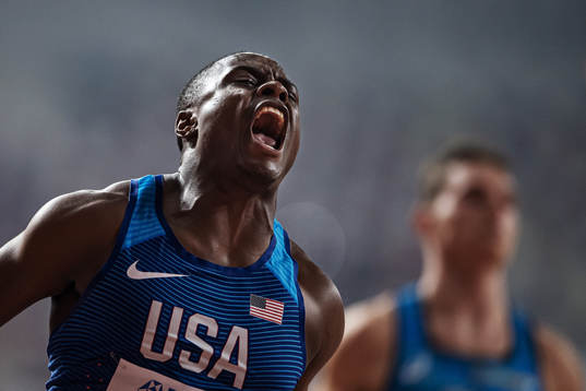 Christian Coleman of USA celebrates when winning the