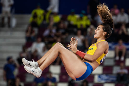 Angelica Bengtsson of Sweden celebrates when competing in