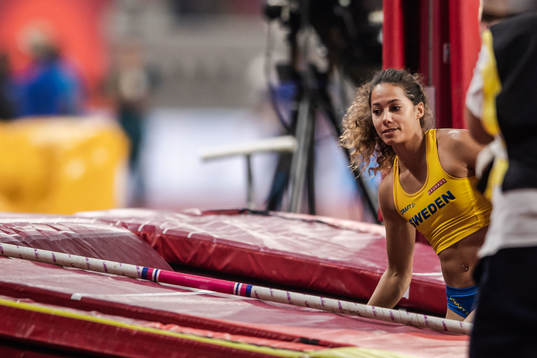 Angelica Bengtsson of Sweden breaks her pole when competing