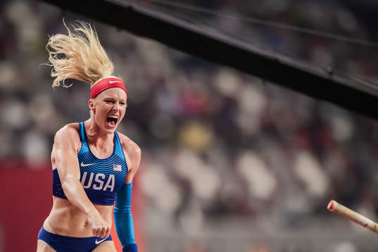 Sandy Morris of USA celebrates when competing in women’s