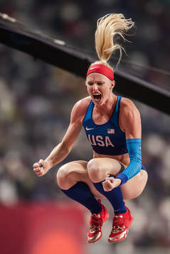 Sandi Morris of USA celebrates when competing in women’s