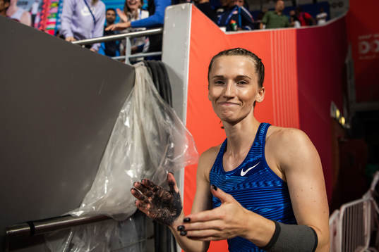 Anzhelika Sidorova of Russia celebrates