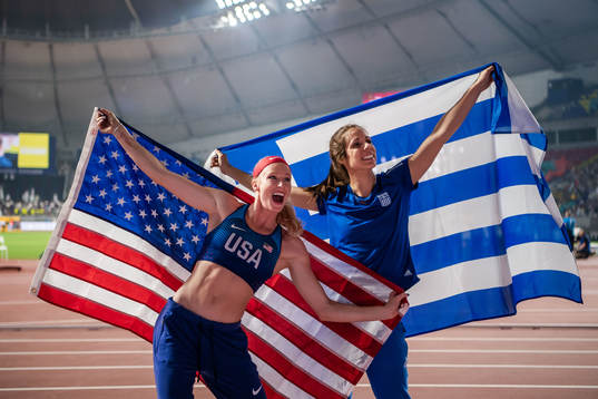 Sandi Morris of USA and Katerina Stefanidi of Greece