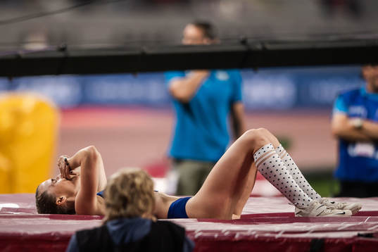 Anzhelika Sidorova of Russia celebrates
