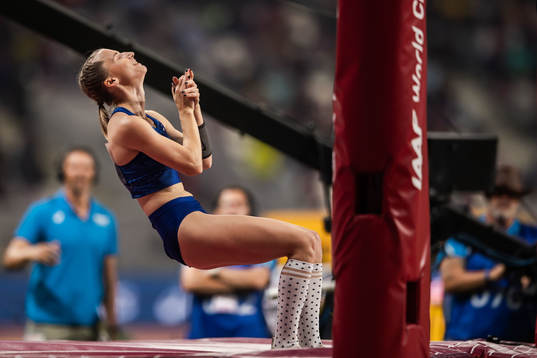 Anzhelika Sidorova of Russia celebrates