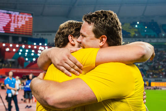 Simon Pettersson and Daniel Ståhl of Sweden celebrates
