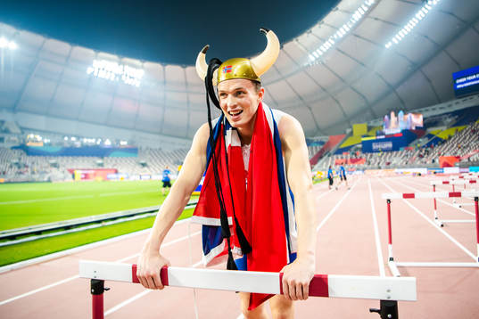 Karsten Warholm of Norway celebrates