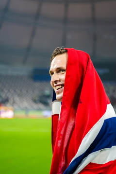 Karsten Warholm of Norway celebrates