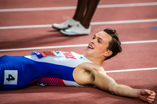 Karsten Warholm of Norway celebrates