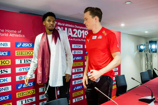 Abderrahaman Samba of Qatar and Karsten Warholm of Norway