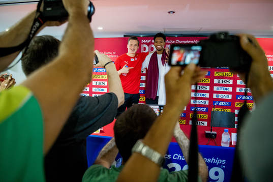 Karsten Warholm of Norway and Abderrahaman Samba of Qatar