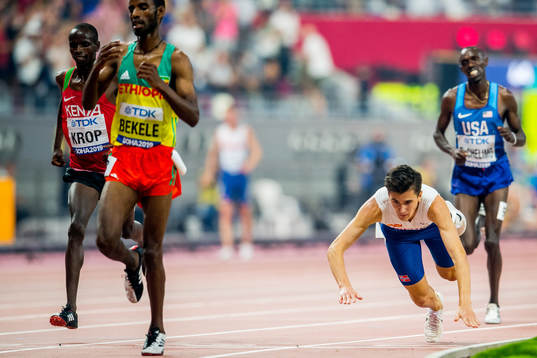 Jakob Ingebrigtsen of Norway crosses the finish line in