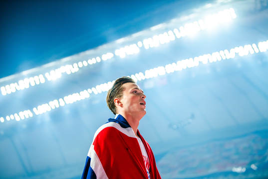 Karsten Warholm of Norway celebrates