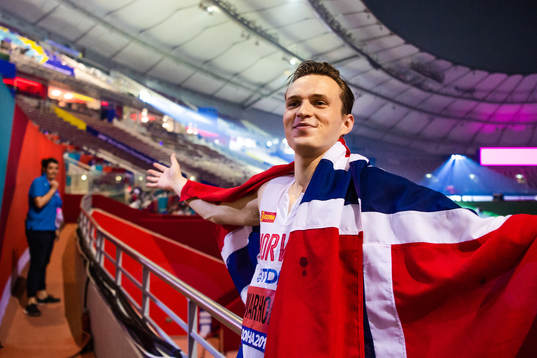 Karsten Warholm of Norway celebrates