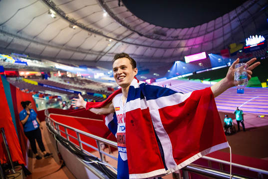Karsten Warholm of Norway celebrates