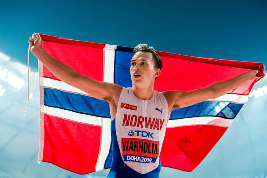 Karsten Warholm of Norway celebrates