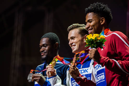 Rai Benjamin of USA, Karsten Warholm of Norway and