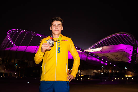 Armand Duplantis of Sweden poses with his silver medal from