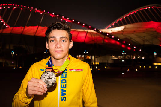 Armand Duplantis of Sweden poses with his silver medal from
