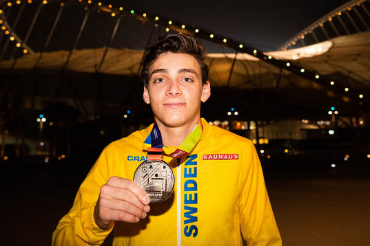 Armand Duplantis of Sweden poses with his silver medal from