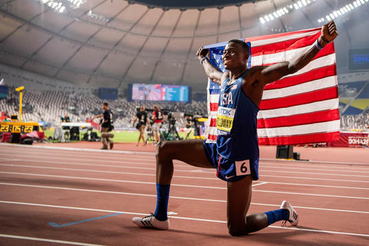 Grant Holloway of USA celebrates winning the men’s 110