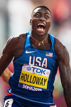 Grant Holloway of USA celebrates winning the men’s 110