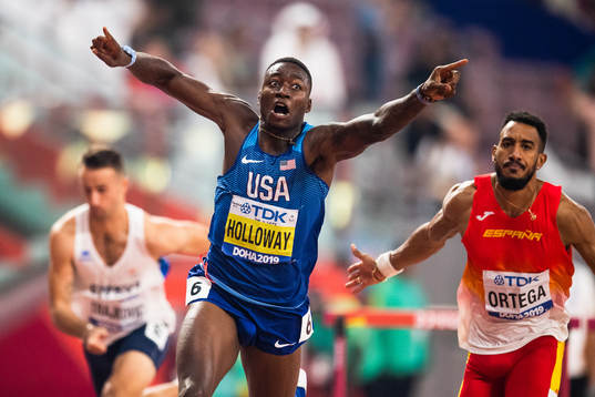 Grant Holloway of USA celebrates winning the men’s 110