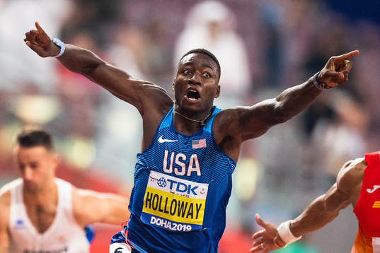 Grant Holloway of USA celebrates winning the men’s 110