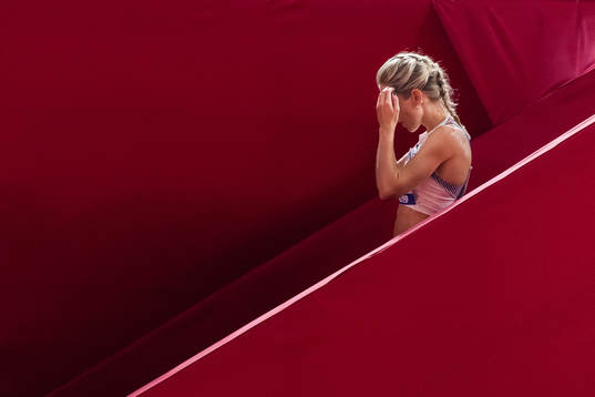 Karoline Bjerkeli Grøvdal of Norway looks dejected
